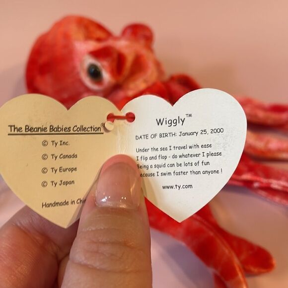 2000 Ty Original Beanie Baby Wiggly Red/Orange Squid New With Tag EUC 9” long - Picture 6 of 8